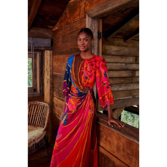 NWT Farm Rio Pleated Vintage Wave Circle Cutout Puff Sleeve Midi Dress XXS $285